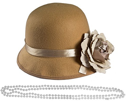 LADIES 1920S BEIGE CLOCHE HAT + PEARL NECKLACE BEADS FANCY DRESS ACCESSORY COSTUME 20S 30S FLAPPER GATSBY GIRL GREAT TAN VINTAGE BELL FLOWER HAT