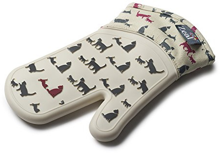 Zeal Silicone Heavy Duty Single Oven Mitt Glove, Cream/Cat Design (29 cm Long)