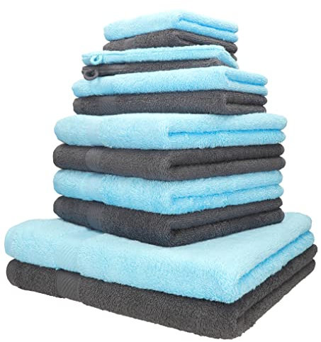 Betz 12-TLG. Handtuch-Set Palermo 100% Baumwolle 2 Liegetücher 4 Handtücher 2 Gästetücher 2 Seiftücher 2 Waschhandschuhe Farbe türkis und anthrazit