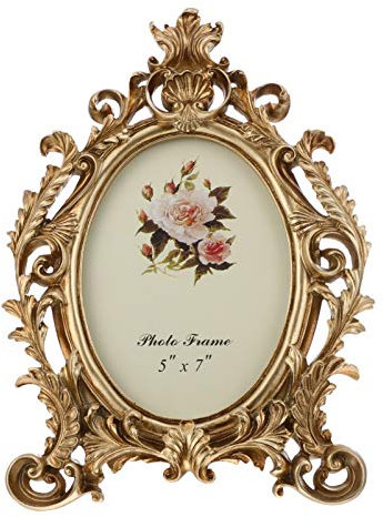 BESPORTBLE Retro Photo Frame Vintage Golden Flower Picture Frame Oval Antique Photo Frames Table Top Photo Display Decor 7 in for Home Office Diy Frame