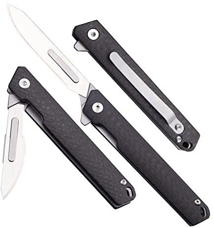 TENCHILON TC18 Small Carbon Fiber Pocket Folding Scalpel Knife, 10pcs #60 and #24 Replaceable Blades, Compact Slim Gentleman's Flipper EDC Utility Knives with Pocket Clip