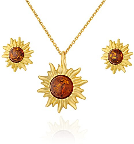 AMBEDORA Ensemble de Bijoux Pour Femmes Petit Soleil, Argent Sterling Plaqué Or, Ambre Baltique de Couleur Cognac, Pendentif Plaqué Or sur Chaîne et Boucles D'oreilles