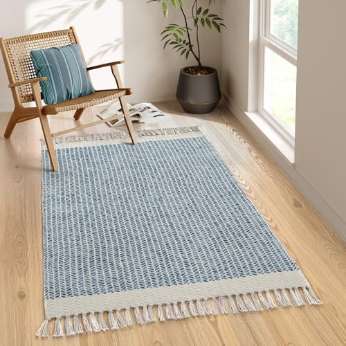 Lahome Boho-Schlafzimmerteppich, 7.6x12.7 cm, blau, Büroteppich, leicht, Bad-Fußmatten, gewebter Eingangsteppich mit Quasten, fusselfrei, waschbar, Überwurfteppich, Wohnmobil, Geschenke