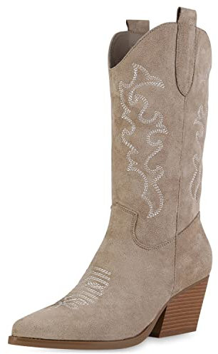 VAN HILL Damen Stiefel Cowboystiefel Stickereien Schuhe Holzoptikabsatz Western Boots Spitze Veloursleder-Optik Freizeitstiefel 210493 Khaki Velours 36