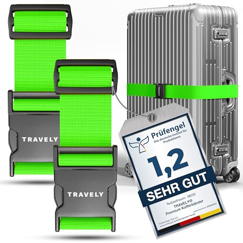 Travely® Cintura Premium per Valigia - Particolarmente Vistosa e Sicura - Include 2 Targhette Identificative - Nastro per Bagagli Ideale a Croce - [Set da 2] - Verde