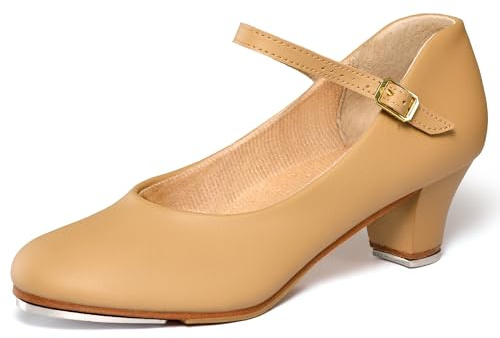 Linodes PU Leather Ankle Strap Character Tap Shoe 1.55'' Dance Shoes for Women-Brown-8.5M
