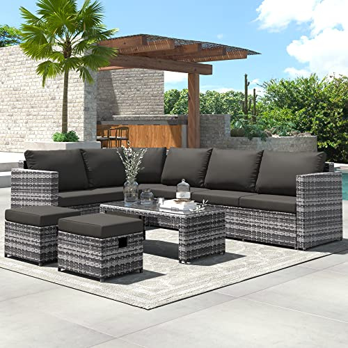 Merax Rattan Corner Sofa Garden Furniture Set,Outdoor Patio Dining Set,Rattan Corner Garden Sofa Furniture Set (Grey, set5)