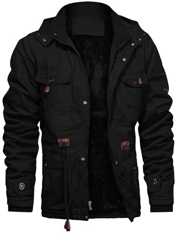 CHEXPEL Vestes d'hiver épaisses pour homme avec capuche doublure polaire en coton vestes militaires manteaux de travail avec poches cargo vêtements d'extérieur, Noir-01., 4X-Large