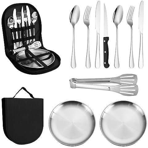La Llareta Camping Besteck Set, 11-Teiliges Tragbares Outdoor Geschirr, Edelstahl Picknick Besteck, mit Reißverschlussetui, für 2 Personen Wandern,Camping Picknick