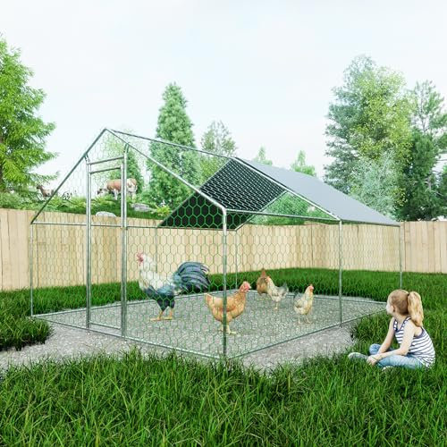Freilaufgehege Hühnerstall mit Sicherheitsschloss und Wasserdichtes PE-Tuch, Freilaufgehege aus Metall für Hühner, Kaninchen und weitere Kleintiere (3x4x2m)