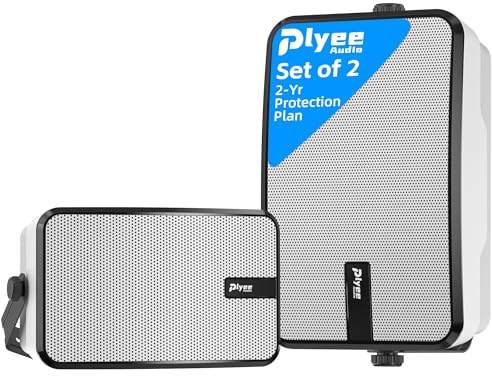 Plyee Audio 400W Outdoor Bluetooth Speakers, Wireless Sync Between Speakers, Powerful Bass, Wall Mount for Patio, Porch, Gazebo, Garage, 2-Pack, White(MZ-621)