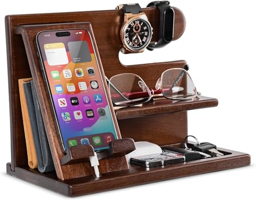 TESLYAR Soporte de Madera para teléfono móvil para Hombres, Accesorios de Escritorio y Organizador de Espacio de Trabajo, Organizador de mesita de Noche, Regalo de cumpleaños para Hombres o Padres