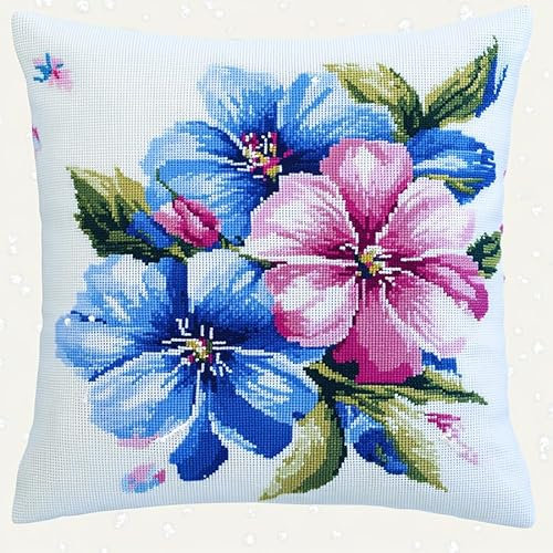 WallustrioaW kreuzstich knüpfen kissen set Blumen,blaue und rosa Blüten,Set Latch Hook Kissen Kit Knüpfteppich Knüpfpackung,Sofakissenbezug Handgemachte Geschenke,43x43cm