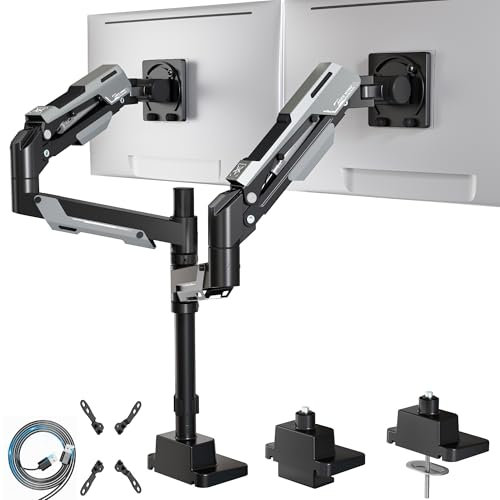 ARES WING Dual Monitor Mount, Adjustable Stacked Monitor Stand with USB A/C, Heavy Duty Gas Spring Monitor Desk Stand for 2 Monitors for 24-57 Inch Ultrawide Screen, 75/100/200 Vesa Mount, Black