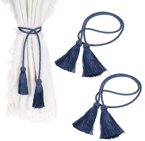 QUARKZMAN 2 Piezas Abrazaderas Cortina con Borlas, Sujeta Cortinas con Borlas Hechas a Mano Decorativas Trenzado para el Hogar, Dormitorio, Baño y Oficina, Cortinas Ventana, Azul Marino