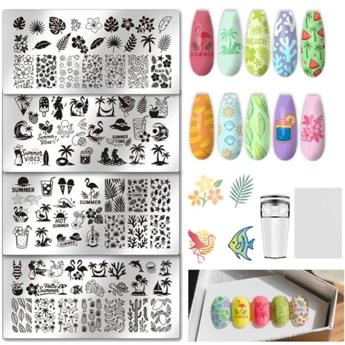 UNICRAFTALE 4Pcs Ensemble de Plaques de Stamping pour Ongles Motifs Plage D'Été Hawaïenne Pochoir en Acier Inoxydable avec Tampon et Espaceur pour Manucure à Domicile