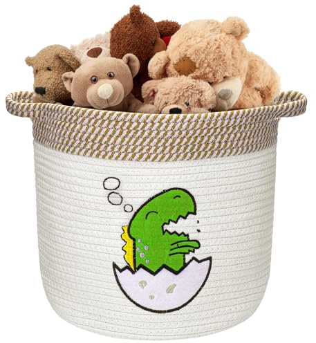 Huiguli Cesta de Cuerda de Algodón Infantil, Cestas De Almacenamiento De Juguetes Con Asa, Cesta para Guardar Mantas para Sala de Estar y Dormitorio, Beige Dinosaurios 30x30cm (Dinosaurios)