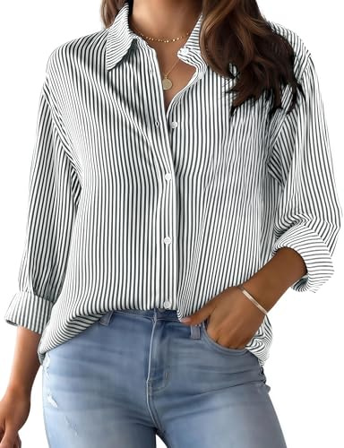 Rapbin Womens Blouse Long Sleeve Striped Button Down Cotton Shirts for Women UK Casual Blouses Office Work Tops Black and White Striped XXL