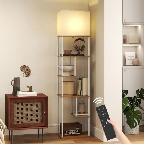 HOMCOM Lámpara de Pie con Estantes, Lámpara Salón con Brillo y Temperaturas de Color Ajustable 3000K-6500K, Control Remoto, Temporizador, 5 Modos, Bombilla 9W Incluida, Portalámparas E27, Natural