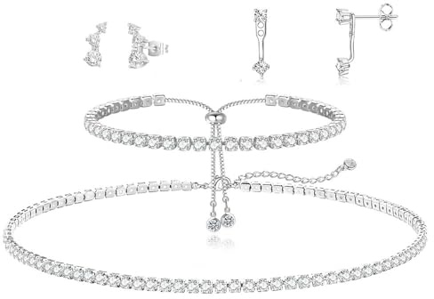 XFSRG Set de Joyas Tennis para Mujer Pulsera Tennis Collar 2 Pares Pendientes con Diamantes Joyería de Boda Regalo Elegante para Novia Fiesta Cita Cumpleaños