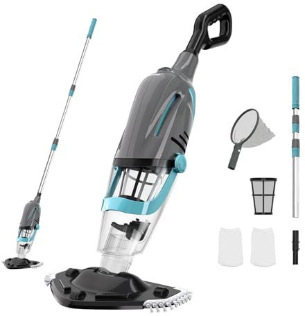 Poolsauger Akku, Pool Bodensauger mit Betriebsdauer bis zu 80 Minuten, 66~140cm Teleskopstange, Poolreiniger mit 2600mah, Absaugung bis zu 3000L/H, Pool Staubsauger für Pools,Spas usw