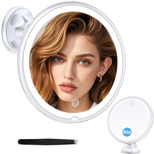 MIYADIVA Magnifying Mirror with Light 30X, 360° Rotating Suction Cup for Bathroom Wall-Mounted Mirrors, 3 Color Modes with Adjustable Brightness, 8 Inches for Bedroom Tabletop Vanity Makeup