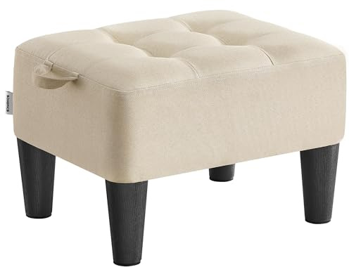 SONGMICS Foot Stool, Ottoman, Linen-Look Fabric Stool with Thick Cushion, 150 kg Weight Capacity, for Living Room, Bedroom, Entryway, Summer Sand and Ink Black LOM502LF02