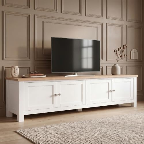 Blisswood Large 180cm TV Unit for 55–80 Inch TVs, Traditional Style Painted TV Stand with Double Door Storage & Adjustable Shelves, Oak Effect Top, Wooden Entertainment Unit for Living Room, White
