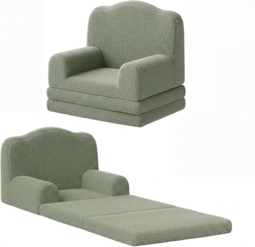 AffinityFurn Kids Couch Sofa Bed, 2-in-1 Folding Toddler Chair Bed, Convertible Soft Sherpa Toddler Couch, Foldable Kids Armchair Sofa, Birthday Gift for Girls Boys, Crown Design, Green
