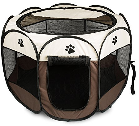 Parc pour Chien, Parc Chiot Chaton Pliable pour Petits Animaux Interieur Exterieur, Enclos Cage Chat Tissu Oxford avec Sac de Transport pour Voyage Camping (Café)