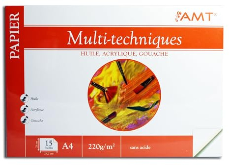 Bloc Papier DE 15 Feuilles 21x29,7cm 220g/m2 Multi Techniques - Huile - Acrylique - Gouache - Peinture - Dessin - Pastel - Art CREATIF