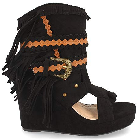 shoes&blues.es Stivaletto da Donna con Zeppa, Frange, Cinturino sul Gambale e Chiusura con Fibbia e Cerniera, Primavera Estate 2021 Nero Talla 41