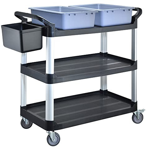 BPT Carrito de cocina con 3 estantes, capacidad de carga 250 kg, carro de limpieza en el restaurante, hotel Schul cocina carro de limpieza (carrito de servicio con cuenca y cubo)