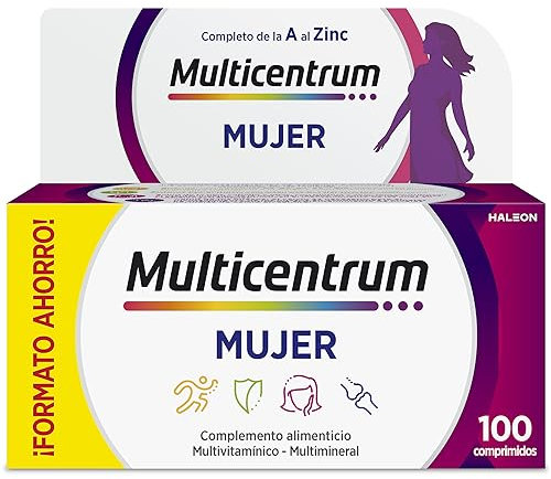 Multicentrum Mujer Complemento Alimenticio Multivitamínico y Multimineral Para Mujeres, Con Vitamina C y Zinc, Sin Gluten, 100 Comprimidos