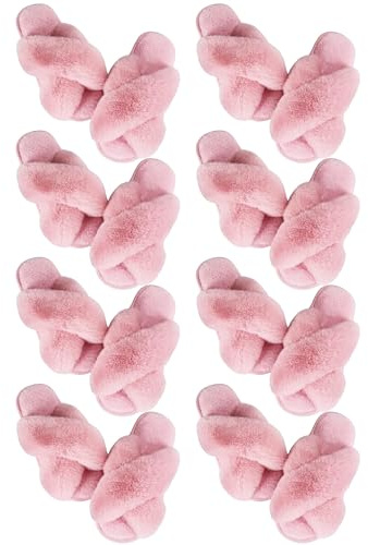 Liitrsh 8 Pairs Women's Cross Band Slippers Fuzzy House Slippers Plush Furry Bridesmaid Shoes Open Toe Soft Warm Shoes(Classic,Us 7-8,Pink)