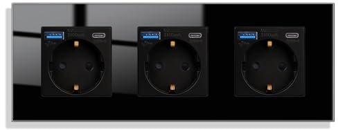 JIMEIDA Steckdose Glas mit USB 20W Schnelles Laden in Schwarz Unterputz,3 Fach 16Amp Steckdosen mit USB A und Type C max.3.1A,228 * 86mm