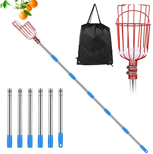 Recogedor de frutas con mango telescópico, recogedor de manzanas con ligero acero inoxidable, poste telescópico y cesta, para manzanas, naranjas, muchas frutas (260 cm, rojo)