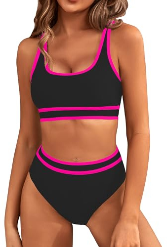 BMJL Women's High Waisted Bikini Sets Sporty Two Piece Swimsuit Color Block Cheeky High Cut Bathing Suits(M,Black Pink)