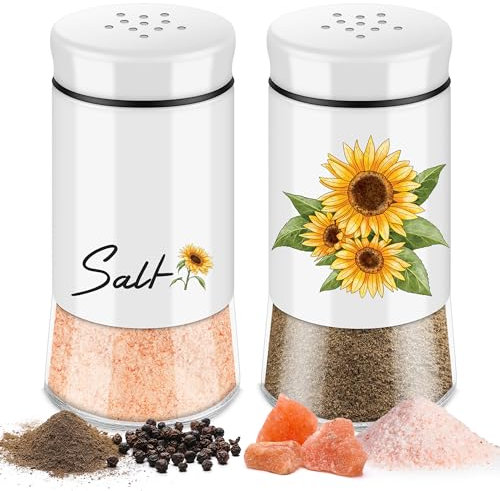 Dorblely Saliera e Pepiera 2 Pezzi Set - 5 Once Saliera in Vetro, Pepe in Acciaio Inossidabile, con Spargispezie Coperchio, per la Casa e la Cucina Stile Classico da Campeggio Ristorante - Girasole