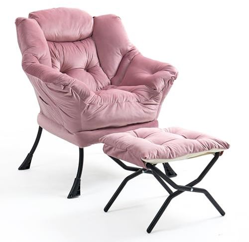 TIANSHU Samt Sessel mit Hocker, Relaxsessel mit Nackenstütze Sessel Wohnzimmer mit Metallbeinen Stabil Loungesessel Ohrensessel Sessel für Schlafzimmer Arbeitszimmer Balkon (Rosa)