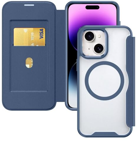 HAONANDE Magnetica Cover Per iPhone 13 / iPhone 14, Custodia Pelle PU Flip Compatibile con MagSafe, slot per carte, blocco RFID, Pportafoglio Protettiva Antiurto Trasparente Case Blu