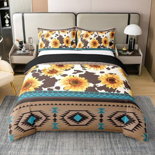 Sonnenblume 100% Baumwolle Bettbezug 155x220,Boho Retro Streifen Weiche Tröster Abdeckung für Bett,Blumen Kuh Muster Böhmische Druck Bettwäsche Set für Jungen Mädchen,Exotische Azteken Bettbezug