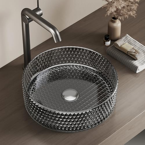 EMKE Lavabo Sobre Encimera de Cristal Templado Redondo 36x36 cm, Lavabo Sobreponer Negro Mate con Efecto Diamante para Baño y WC de Invitados(Sin Grifo ni Desagüe)