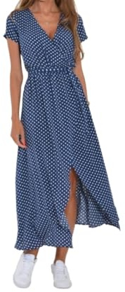 Dam sommar Maxiklänning V-ringad Casual Party Flowy Lång Klänning Blommor Cocktail Midi Polka Dot Omlottklänningar(Blue,XX-Large)