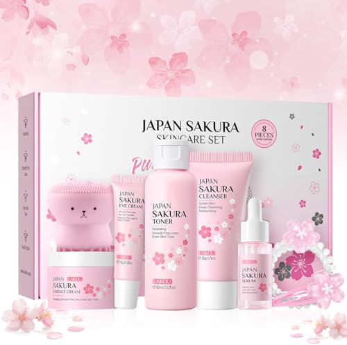 8 Pezzi Kit per la Cura della Pelle Sakura, Set Regalo per la Cura Della Pelle con Detergente, Tonico, Crema Viso, Essenza, Sakura Skincare Set per Ragazze Donne