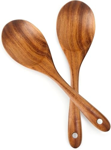 2 cucharas grandes para ensalada, cucharas de madera de 33 cm/13 pulgadas, cubiertos para ensalada, cuchara de madera de teca, cucharas para servir, ensalada, cubiertos de madera, mango largo