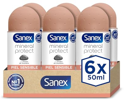 Sanex Mineral Protect, Desodorante Roll-On Piel Sensible, Pack 6x50ml | Roll-on antitranspirante 48h con piedra de alumbre natural, 0% Alérgenos, 0% Alcohol, Respeta la piel