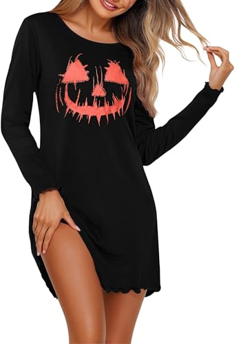 Demegimi Camicia da Notte Donna Halloween in Cotone Manica Lunga Stampa Teschio Arancione Morbida e Comoda