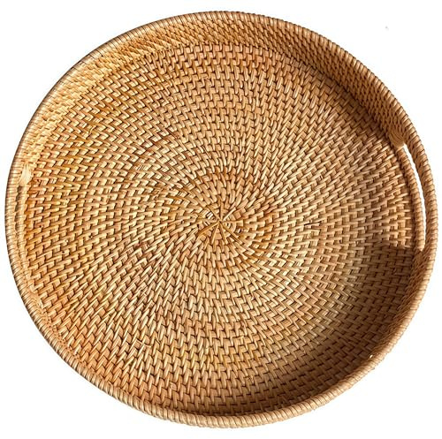 Vassoio Rotondo in Rattan, Vassoio per Servire in Vimini con Maniglie, Vassoio Decorativo Intrecciato per Tavolino da Caffè (34 cm, Naturale)
