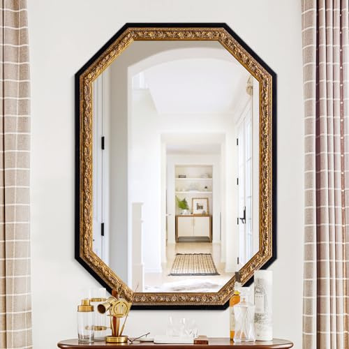 Autdot Gold Vintage Mirror, 40x28 Black Gold Decorative Mirror with Octagon Gold Foil Carvings Wooden Frame for Luxe Living Room, Entryway, Bathroom and Bedroom